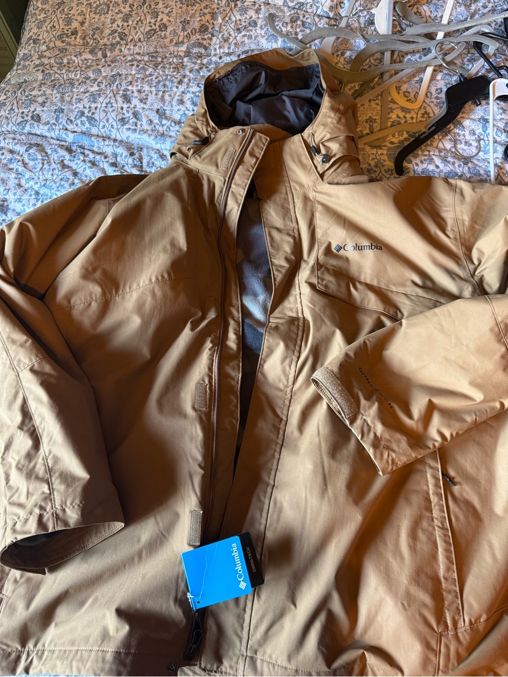 Columbia Men's Tan/Brown Waterproof Hooded Raincoat with fleece liner
